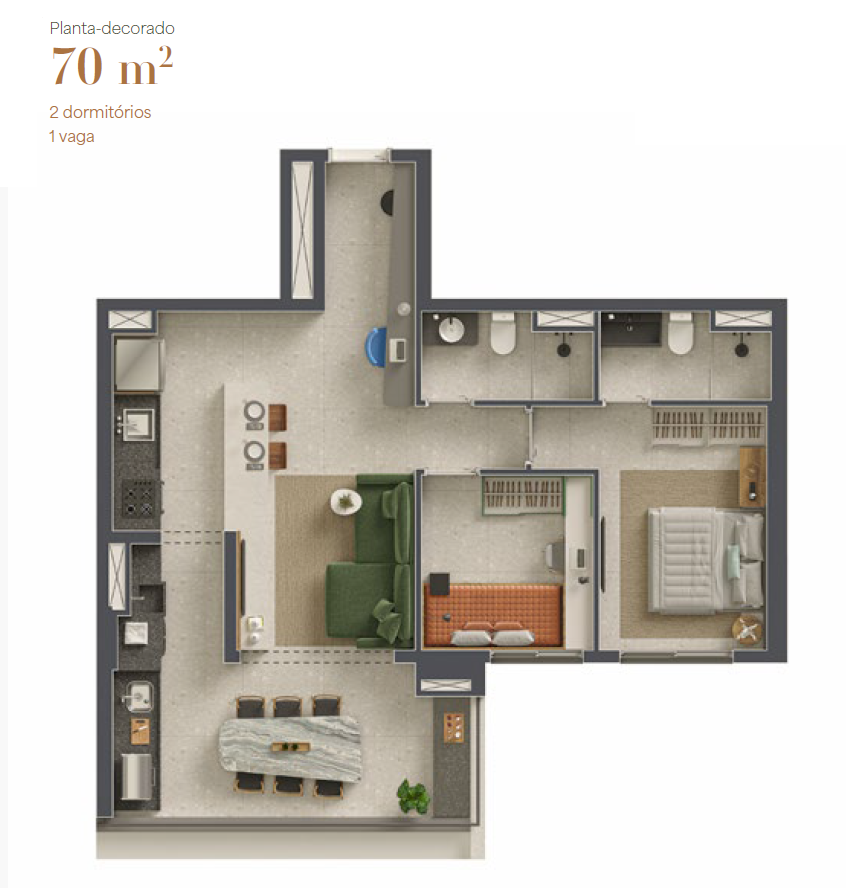 Planta da unidade de 70 m²